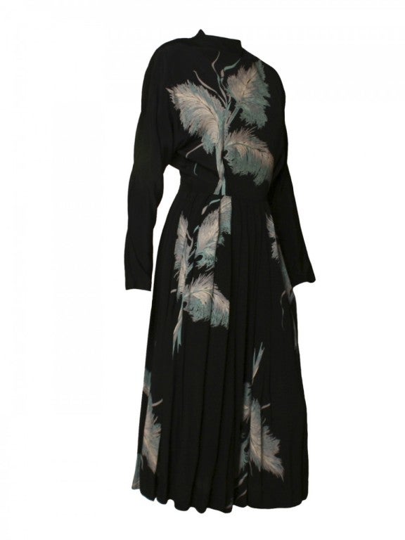 1940's Black Feather Print Dress