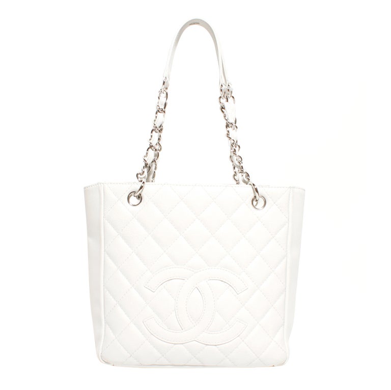 Chanel White Caviar Quilted Tote Bag For Sale