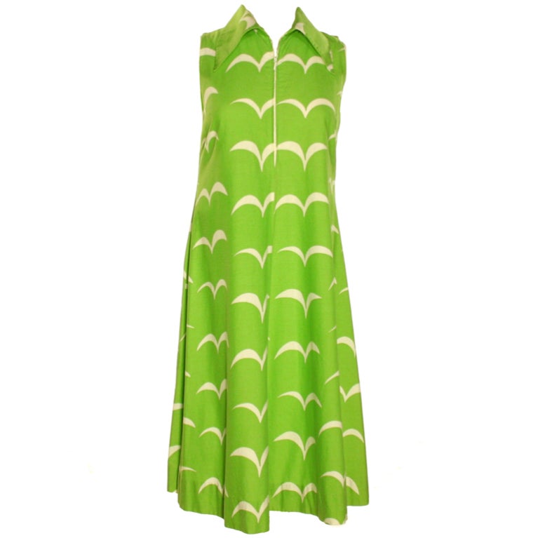 Marimekko 1974 Lime Green and White Print Shift Dress For Sale
