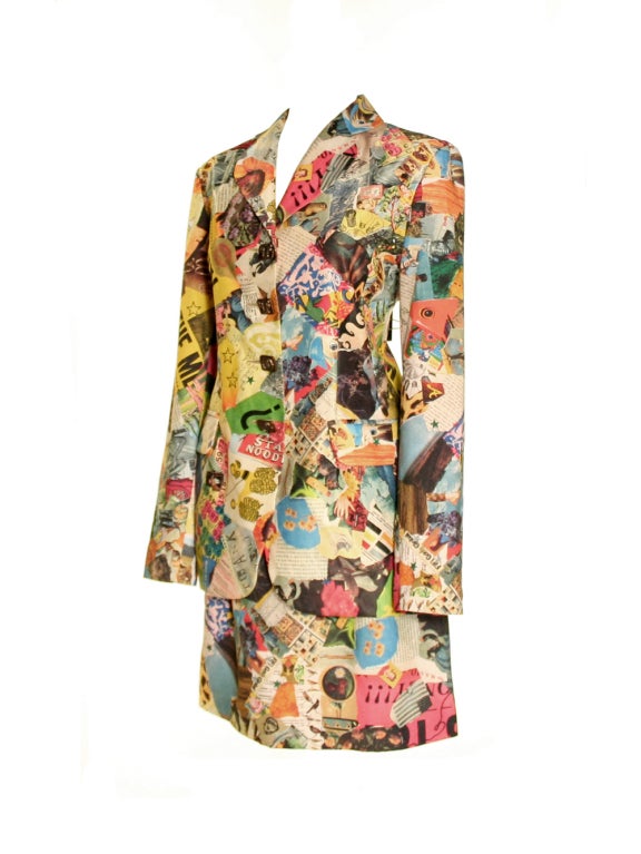 Shake up the typical conception of the conventional skirt suit with this 1990s Todd Oldham multicolored collage print skirt suit.  LIke scrapbook of all your favorite things, images of everything from lightbulbs to engagement ring are placed on a