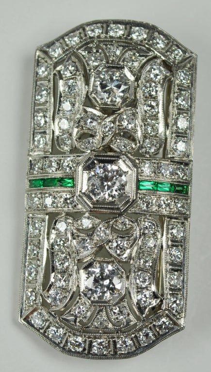 1920's  Diamond Emerald Platinum Pin/Pendant