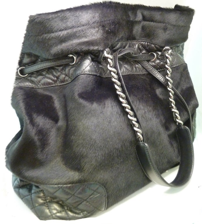 Women's LARGE Vintage Chanel Black Pony Shoulder Bag For Sale