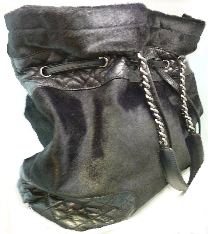 LARGE Vintage Chanel Black Pony Shoulder Bag For Sale 1