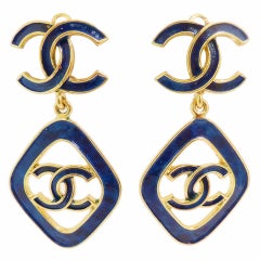 Vintage Signed Chanel 93C Blue Enameled Earrings