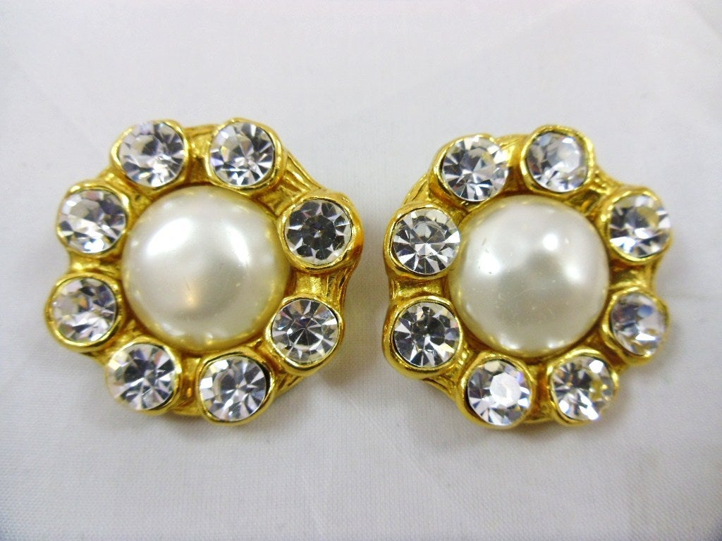 CHANEL Rhinestone & Mabe Pearl Round Earrings.  Clip on style. Signed CHANEL on the back. True Classics!