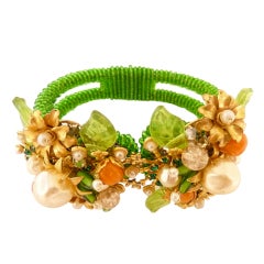Vintage Green and Faux Coral Bead Clamper Bracelet