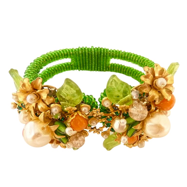 Vintage Green and Faux Coral Bead Clamper Bracelet For Sale