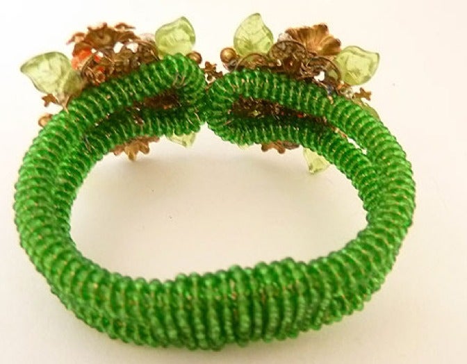 Women's Vintage Green and Faux Coral Bead Clamper Bracelet For Sale