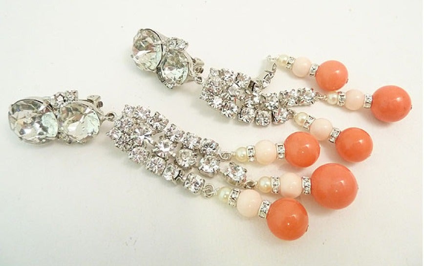 Contemporary LONG Signed Robert Sorrell Faux Coral & Rhinestone Earrings For Sale