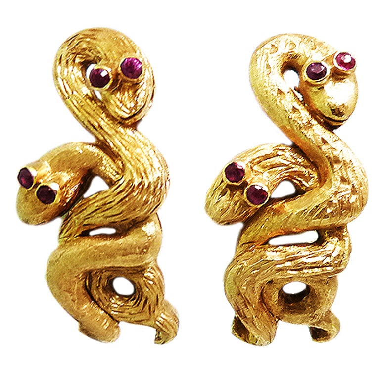Vintage 18kt Gold & Ruby Snake Earrings For Sale