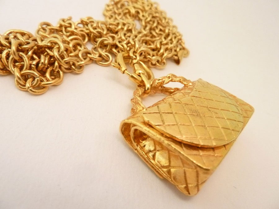 Women's Vintage Signed Chanel Famous Quilted Purse Pendant 3-Strand Neck For Sale