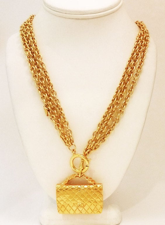 Vintage Signed Chanel Famous Quilted Purse Pendant 3-Strand Neck For Sale 2