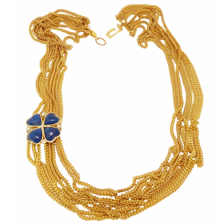 Vintage Signed Chanel Gripoix Glass Clover Multi-Strand Slide Necklace