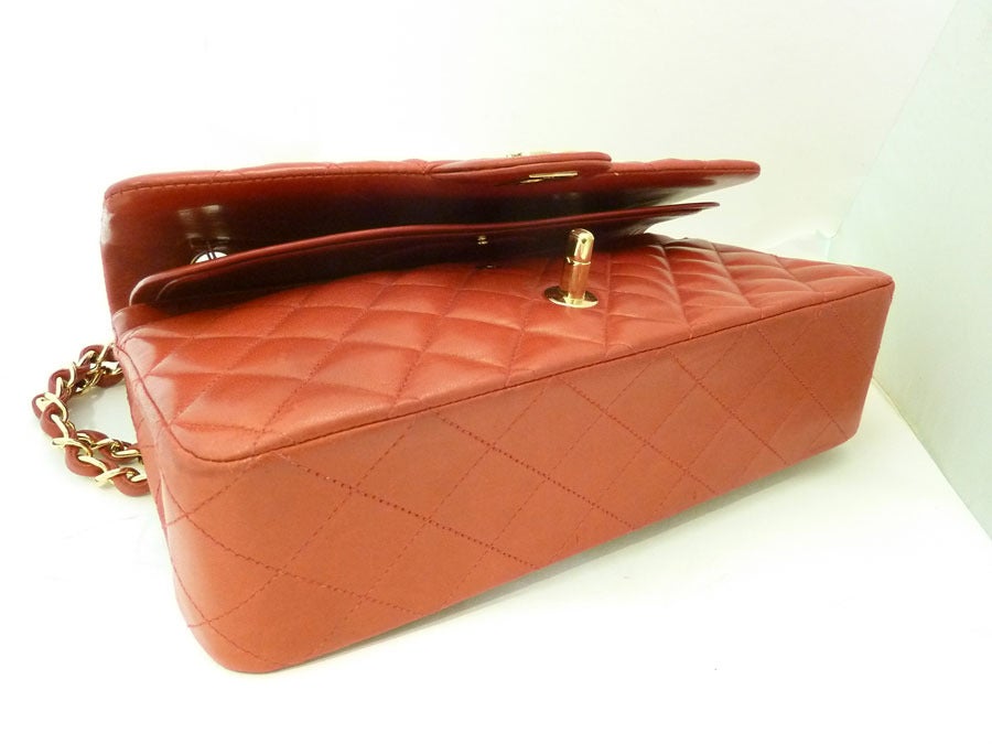 Vintage Signed Chanel France Red Leather Quilted Purse For Sale 2