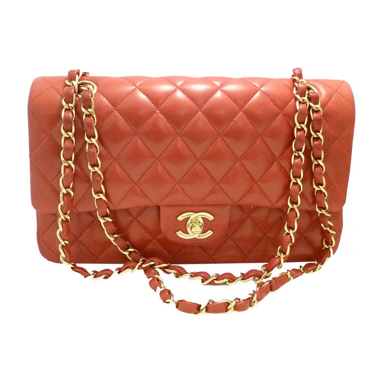 Vintage Signed Chanel France Red Leather Quilted Purse For Sale