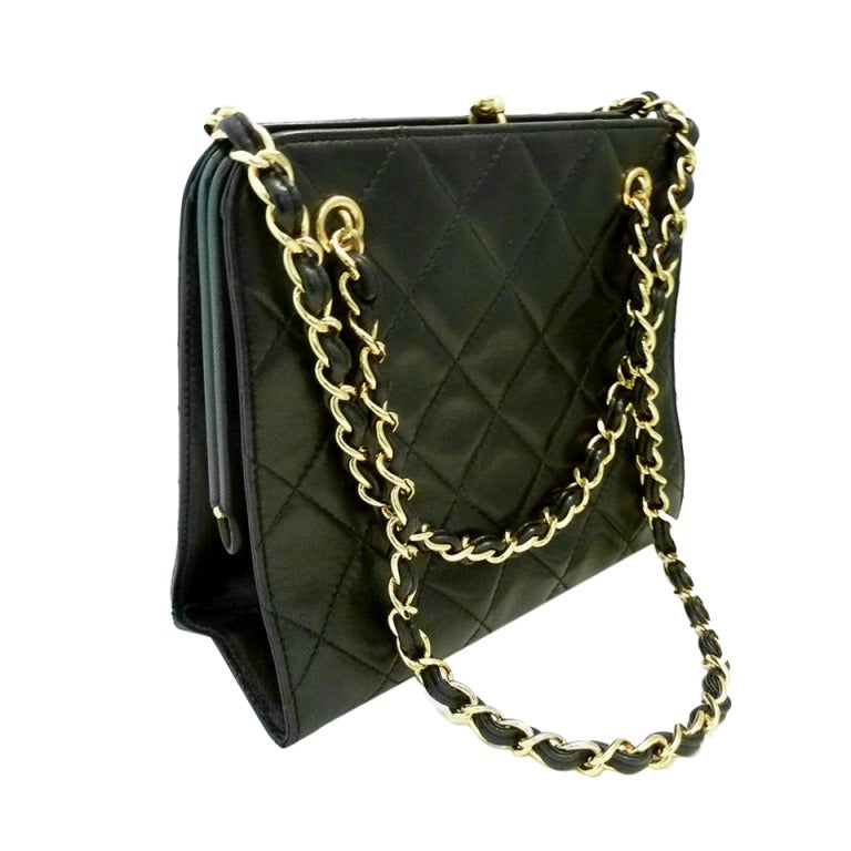 Vintage Signed Chanel Black Leather Quilted Purse For Sale