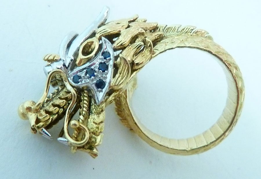 Contemporary Diamonds & Sapphires 18kt Gold Dragon Ring For Sale