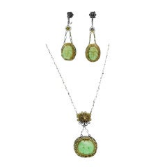 Art Deco Jade Sterling Silver Pendant Necklace and Earrings