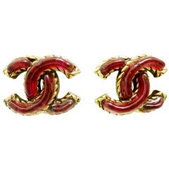 Vintage Signed Chanel Cranberry Gripoix Glass Logo Earrings