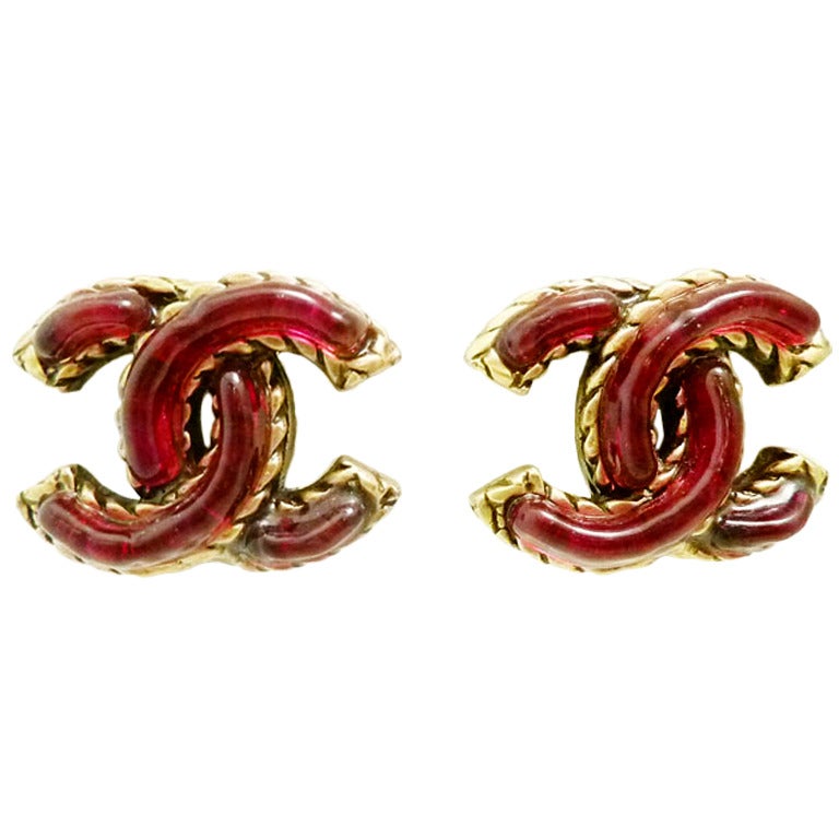 Vintage Signed Chanel Cranberry Gripoix Glass Logo Earrings For Sale