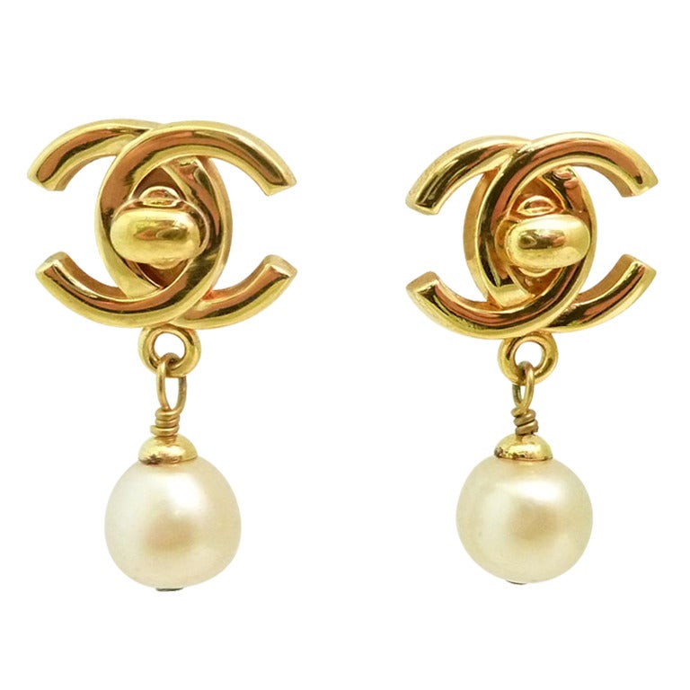 Vintage Signed Chanel Faux Pearl Logo Earrings For Sale