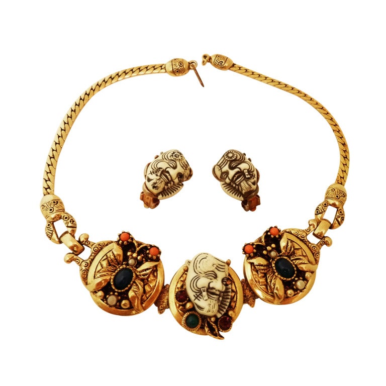 Vintage Signed Selini (Selro) Ivory Color Devil Necklace & Earrings For Sale
