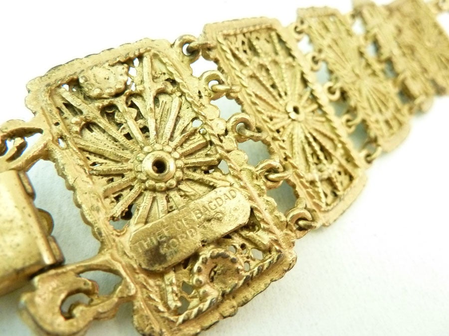 Vintage Alexander Korda Style Bracelet Charm Bracelet Gold Gilt Brass Head Bracelet Shriner Moroccan Sword Unsigned Thief of Bagdad RARE