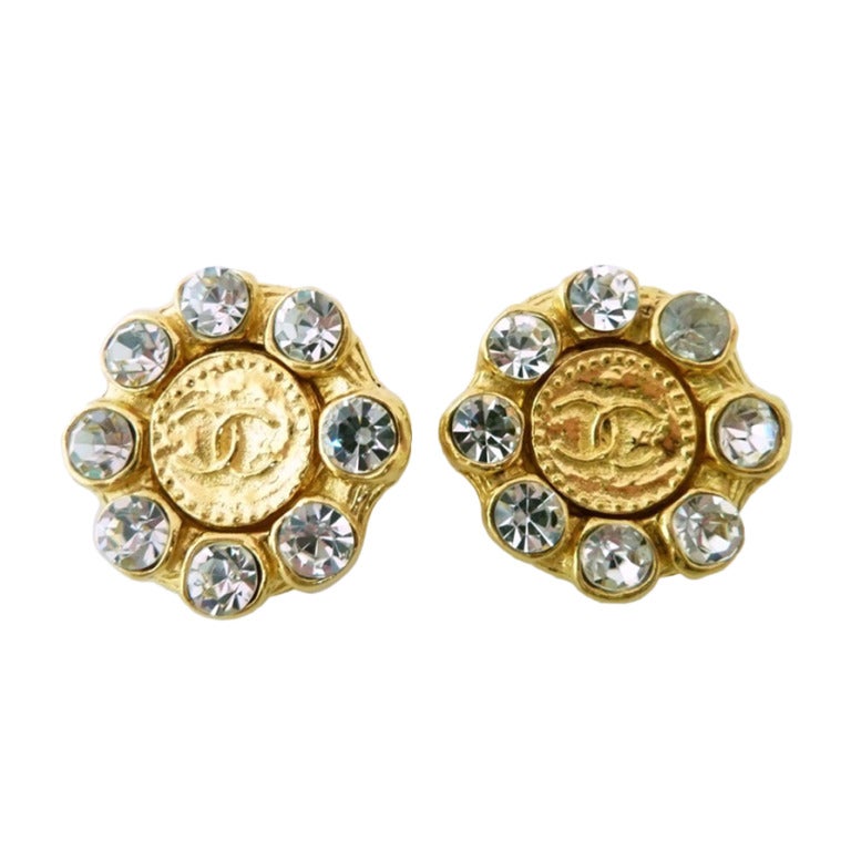 Vintage Signed Chanel Rhinestone Logo Earrings