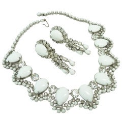Vintage Unsigned Weiss White Milk Glass Rhinestone Necklace & Earrings