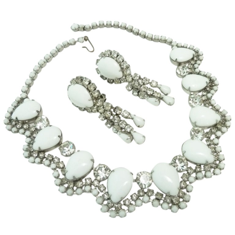 Vintage Unsigned Weiss White Milk Glass Rhinestone Necklace & Earrings For Sale