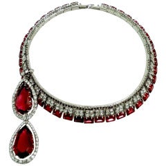 One-of-a-Kind Signed Robert Sorrell Red & Clear Rhinestone Double-Pendant Necklace