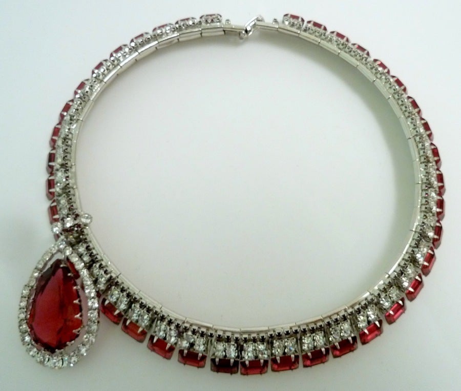 Contemporary One-of-a-Kind Signed Robert Sorrell Red & Clear Rhinestone Double-Pendant Necklace For Sale