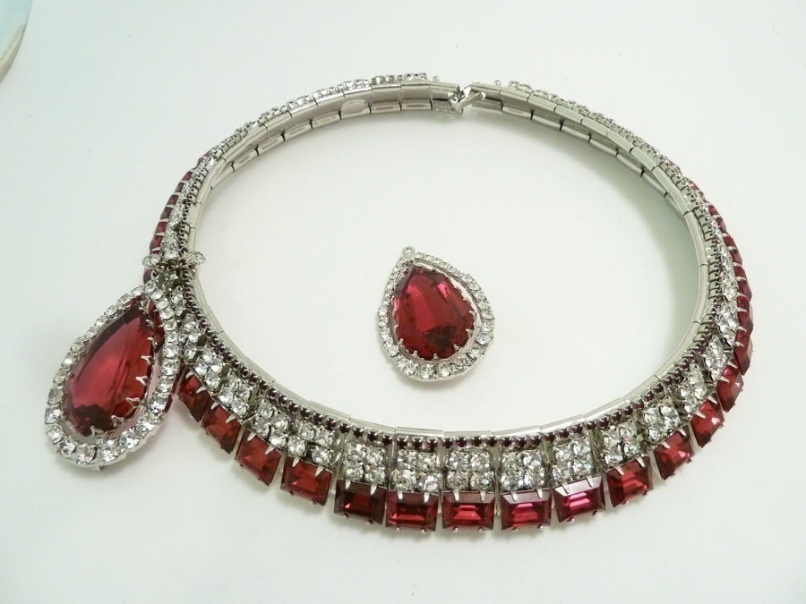 One-of-a-Kind Signed Robert Sorrell Red & Clear Rhinestone Double-Pendant Necklace In New Condition For Sale In New York, NY