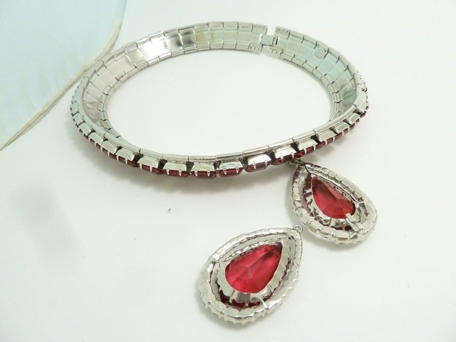 Women's One-of-a-Kind Signed Robert Sorrell Red & Clear Rhinestone Double-Pendant Necklace For Sale