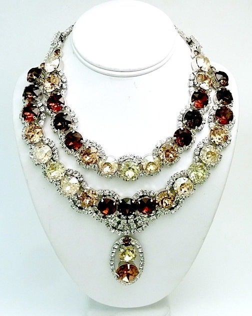 The one of a kind Robert Sorrell necklace features citrine, topaz and clear color rhinestones in a silver-tone setting. He has created a pair of earrings for this necklace and we are waiting for delivery.    In excellent condition, this necklace