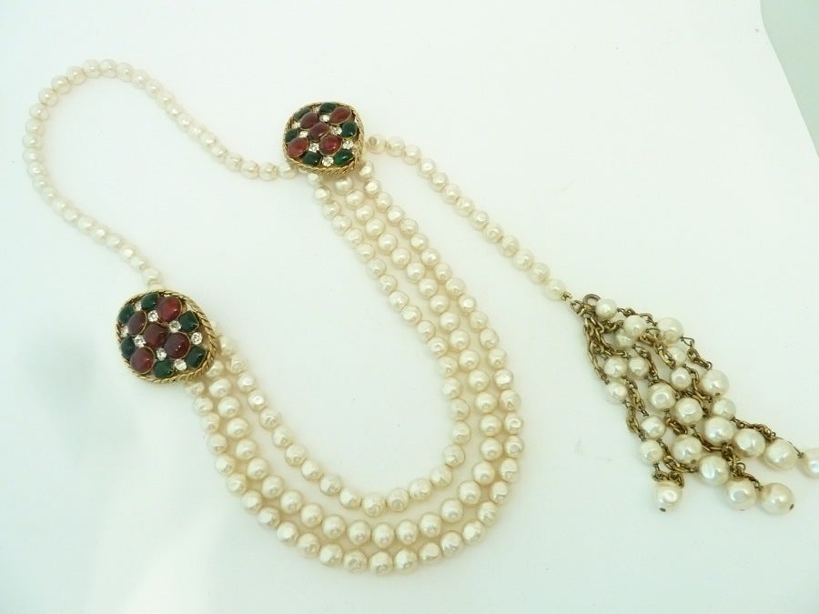 Vintage Signed Chanel 1983 Gripoix Glass and Faux Pearl Necklace at 1stdibs