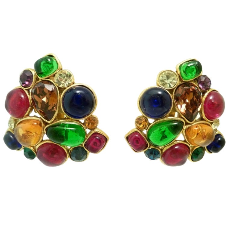 Vintage Signed Chanel 26 Gripoix Multi-Color Glass Earrings at 1stdibs