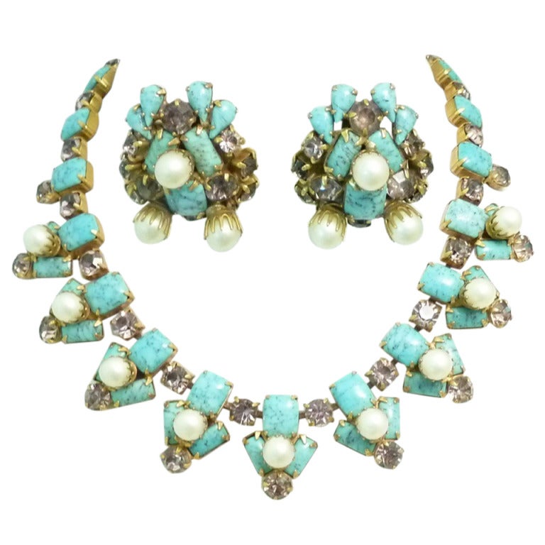 Stunning Vintage Schreiner turquoise Necklace & Earrings For Sale