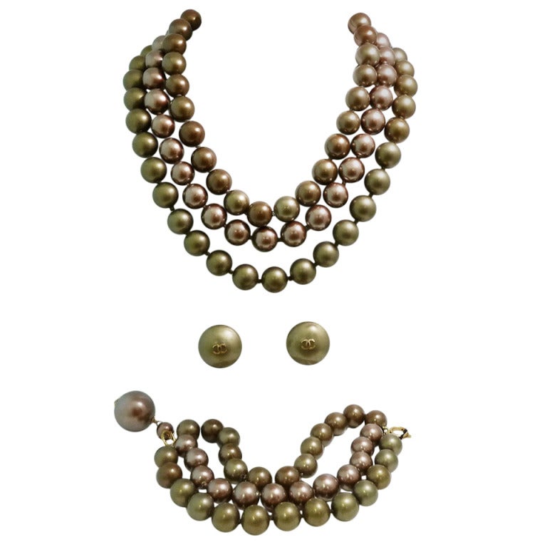 Rare Vintage Chanel 26 3-Strand Necklace & Jeweled Latch, Bracelet & Earrings