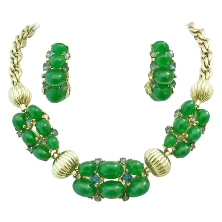 Vintage Signed Marcel Boucher Green Cabochons Goldtone Necklace & Earrings For Sale
