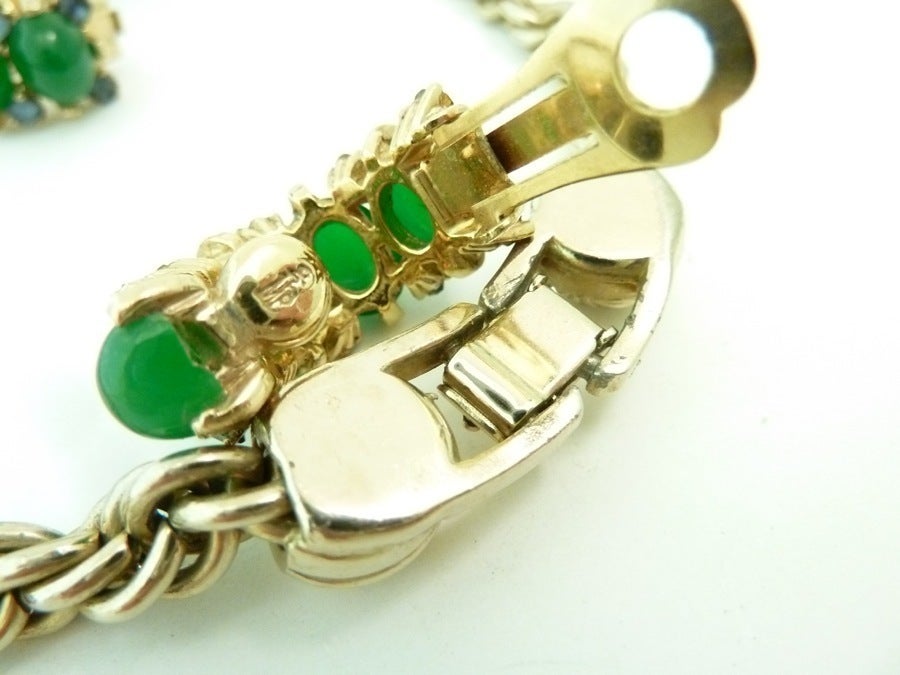 Women's Vintage Signed Marcel Boucher Green Cabochons Goldtone Necklace & Earrings For Sale