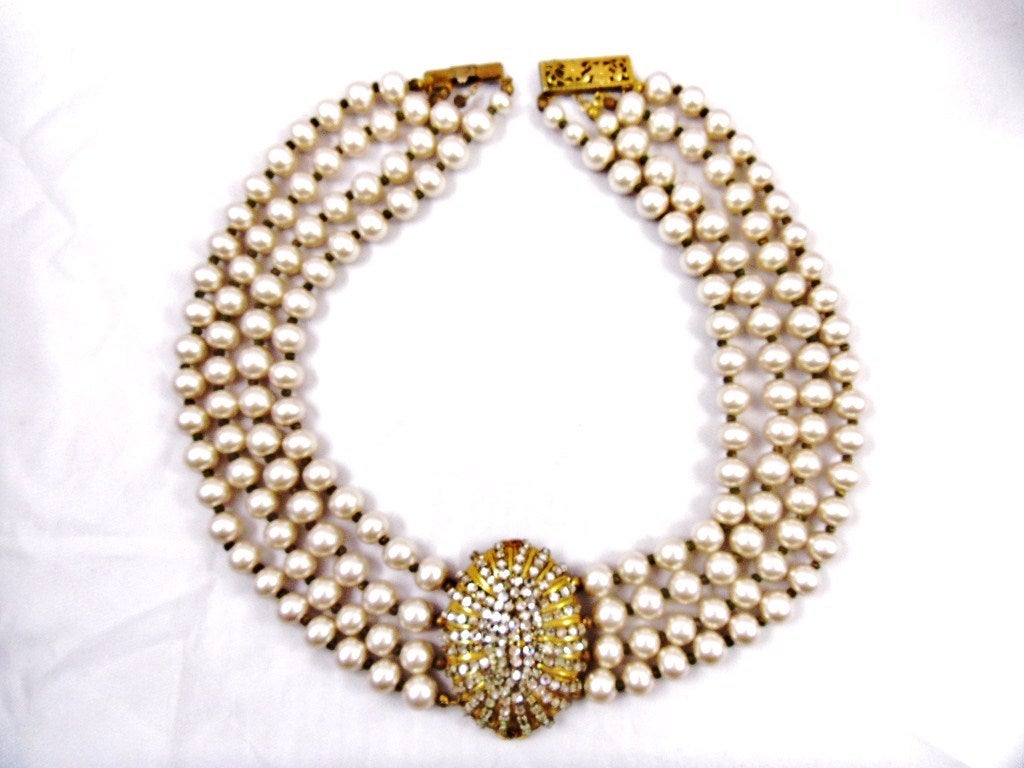 Lovely Miriam Haskell 4 strand 8mm pearl necklace with ornate diamonte 2