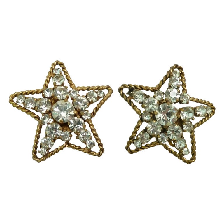 Vintage Signed Chanel 1983 Star Rhinestone Earrings For Sale