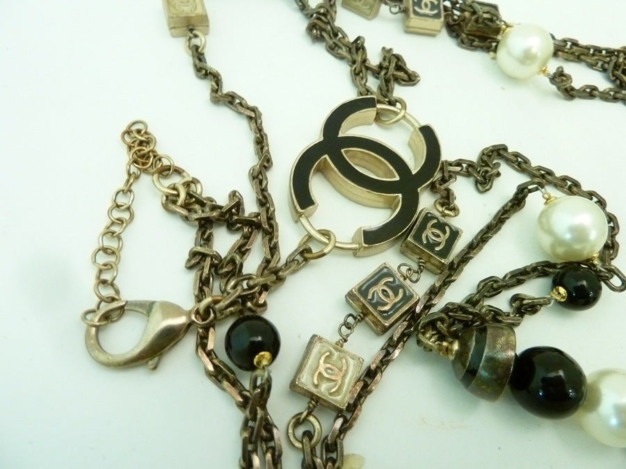 Vintage Signed Chanel Logo Multi-Strand Chain & Faux Pearl Necklace 1