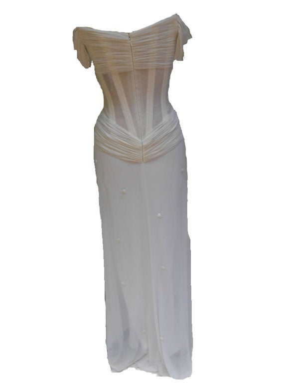 Bridal Long white corseted jersey dress with white corseted jersey, V-front with cap sleeve
