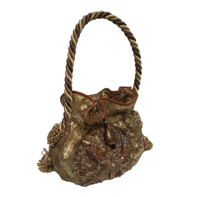 Gold Beaded Drawstring Purse For Sale