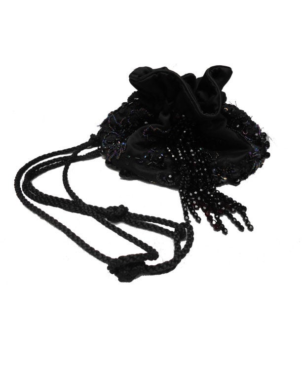 Black beaded lace over satin French, drawstring bag Vicky Tiel couture 1998