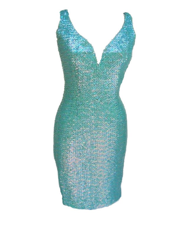Unique Piece Couture. Turquoise sequined boned short dress. French fabric and classic bolero with bias flared back