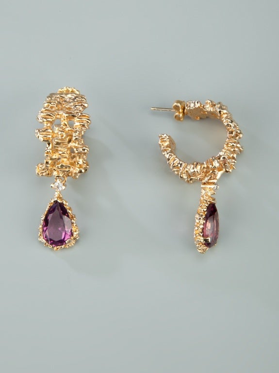 Gold-tone and purple 1950's 'Panetta' earrings featuring a teardrop purple stone with a small diamante stone.