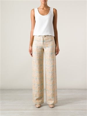 Cream silk and pastel-tone cotton trousers from Chanel designed with a high rise, wide leg and button fastening in a soft check pattern.

Colour: Cream, blue, orange, pink

Material: Rayon, Cotton, Silk

Size: 36 French

Condition: 